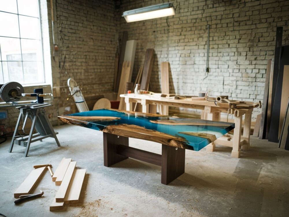 0Artystyczny stół z żywicy i naturalnego drewna