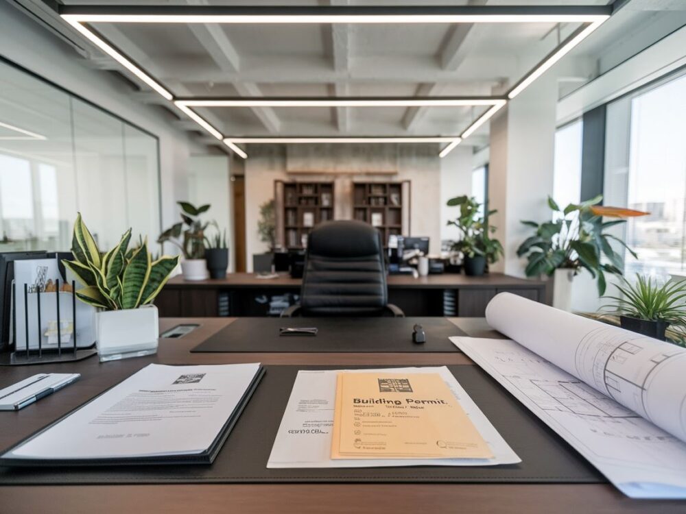 0Biuro z dokumentacją budowlaną i laptopem