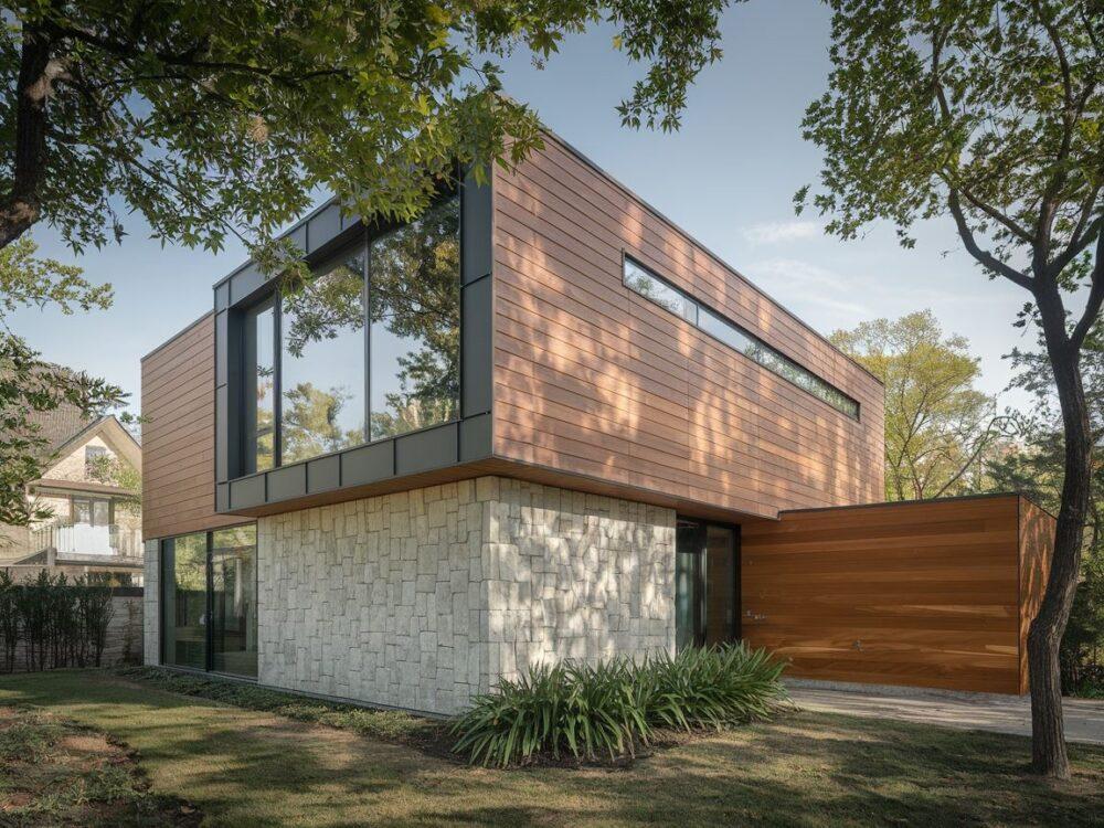 0Elewacja budynku z kombinacją drewna i kamienia