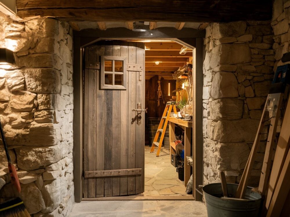 0Gotowe drewniane drzwi prowadzące do piwnicy