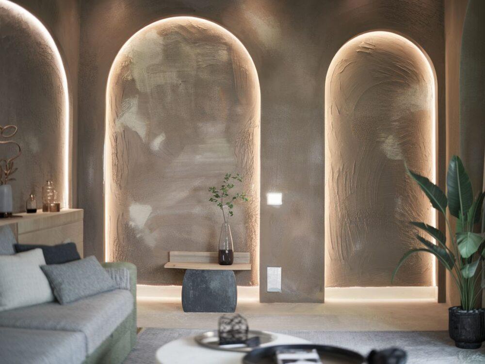 0Pokój z kreatywnym wykończeniem nierównych ścian