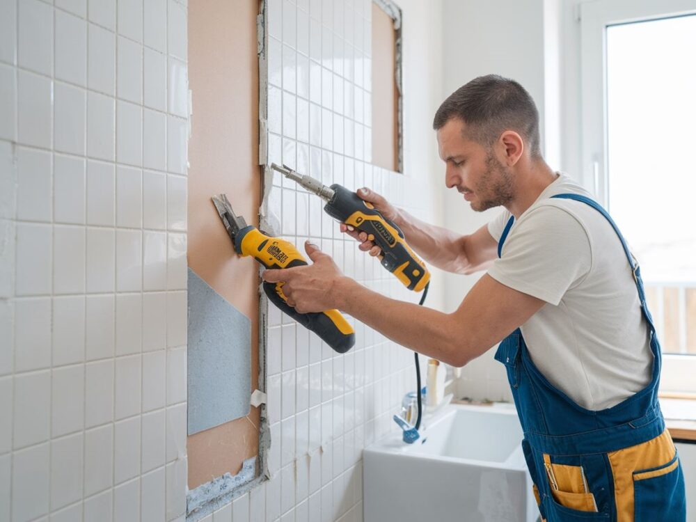 0Praca nad renowacją ściany po zdjęciu płytek