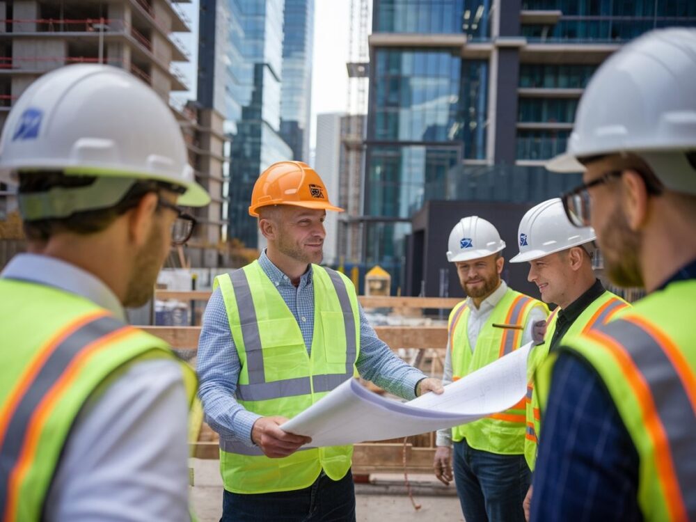 0Profesjonalista na placu budowy z widokiem na dźwigi i rusztowania