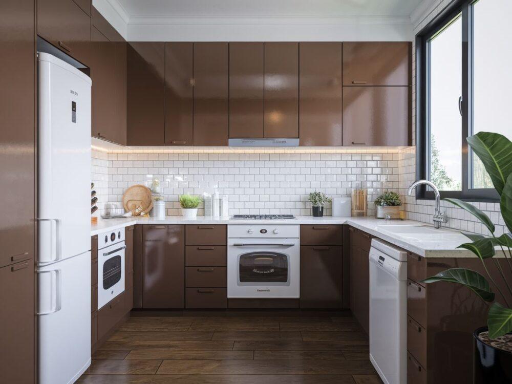 Brązowe drewniane szafki kuchenne z beżowym granitowym blatem