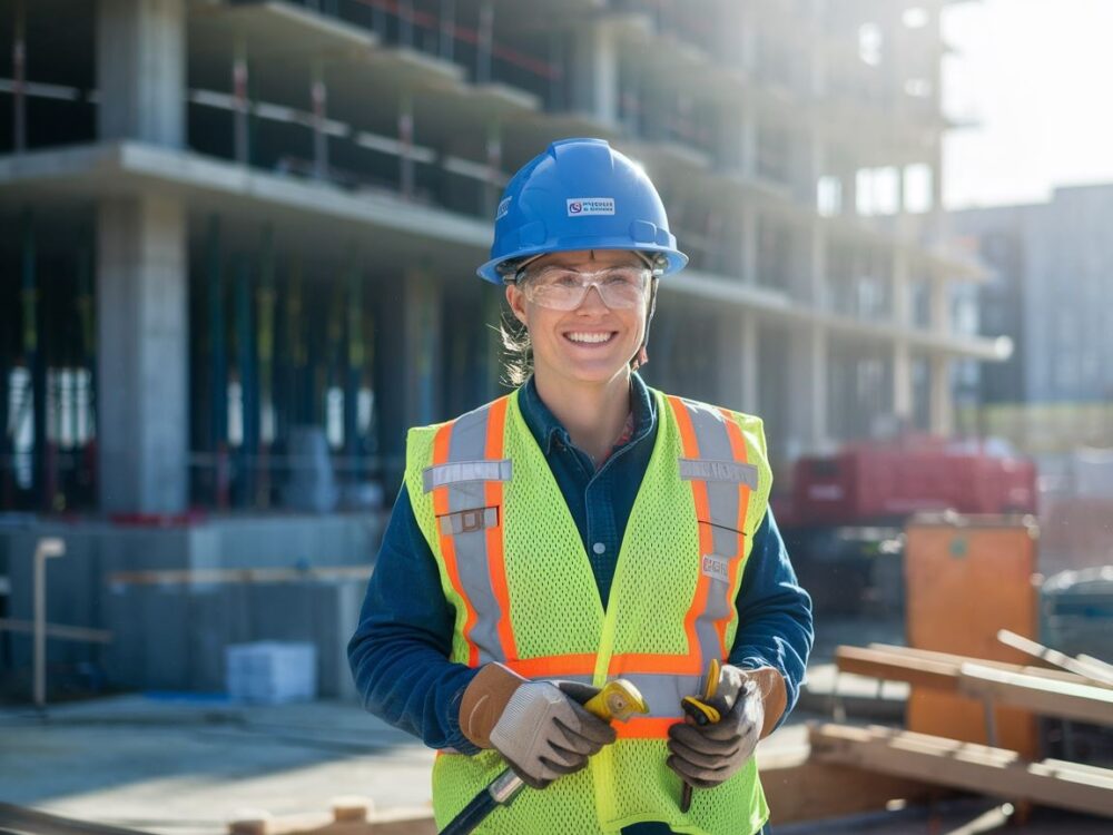 Budowlaniec w trakcie pracy na tle nowoczesnego placu budowy