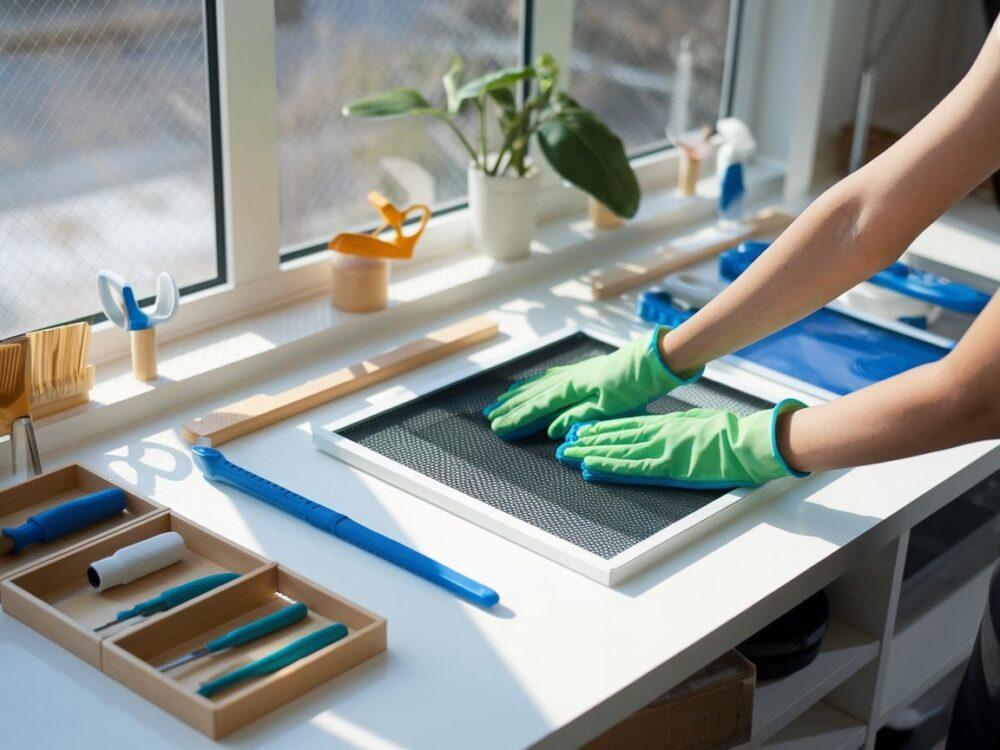 Czyszczenie siatki przeciw owadom na oknie