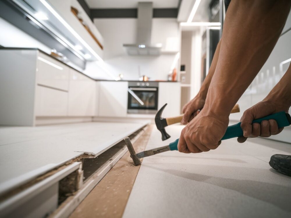 Delikatne usuwanie cokołu z klejem przy użyciu noża