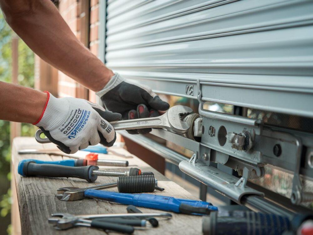 Demontaż zwijacza rolety na tle domu