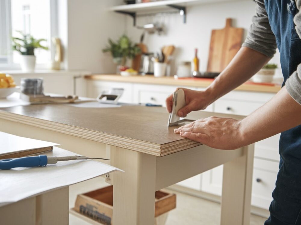 Detale pracy podczas odnawiania okleiny meblowej