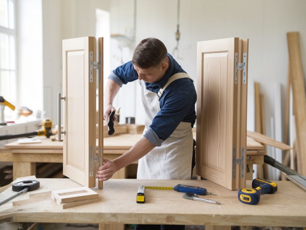 Drewniane drzwi przygotowane do instalacji na zawiasach