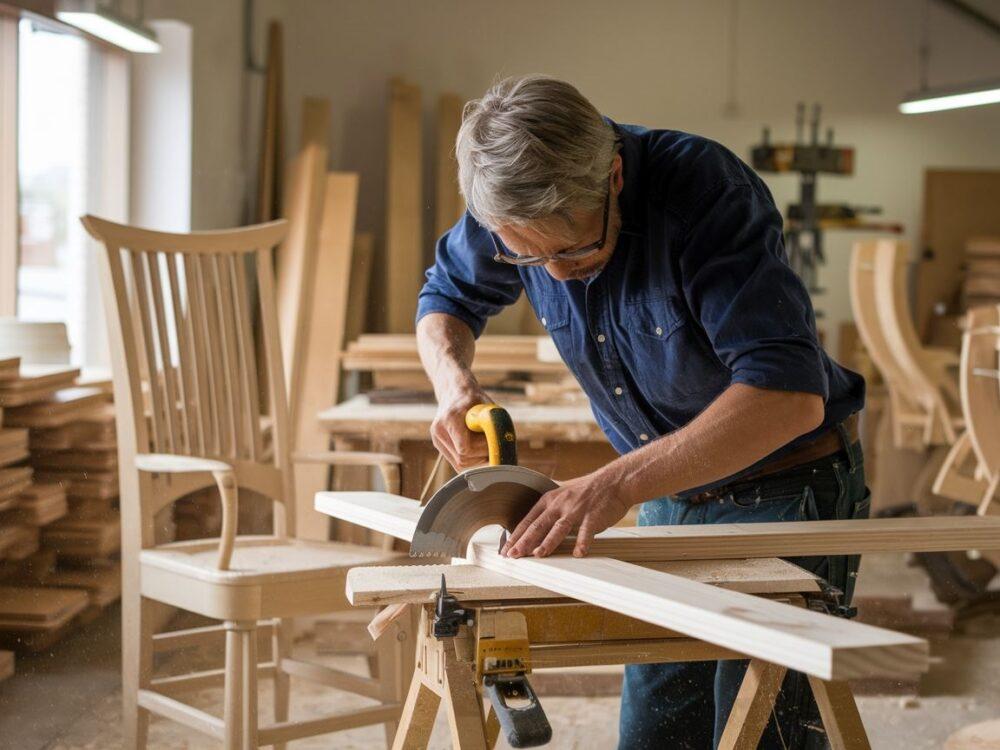 Drewniany stół warsztatowy z narzędziami stolarskimi