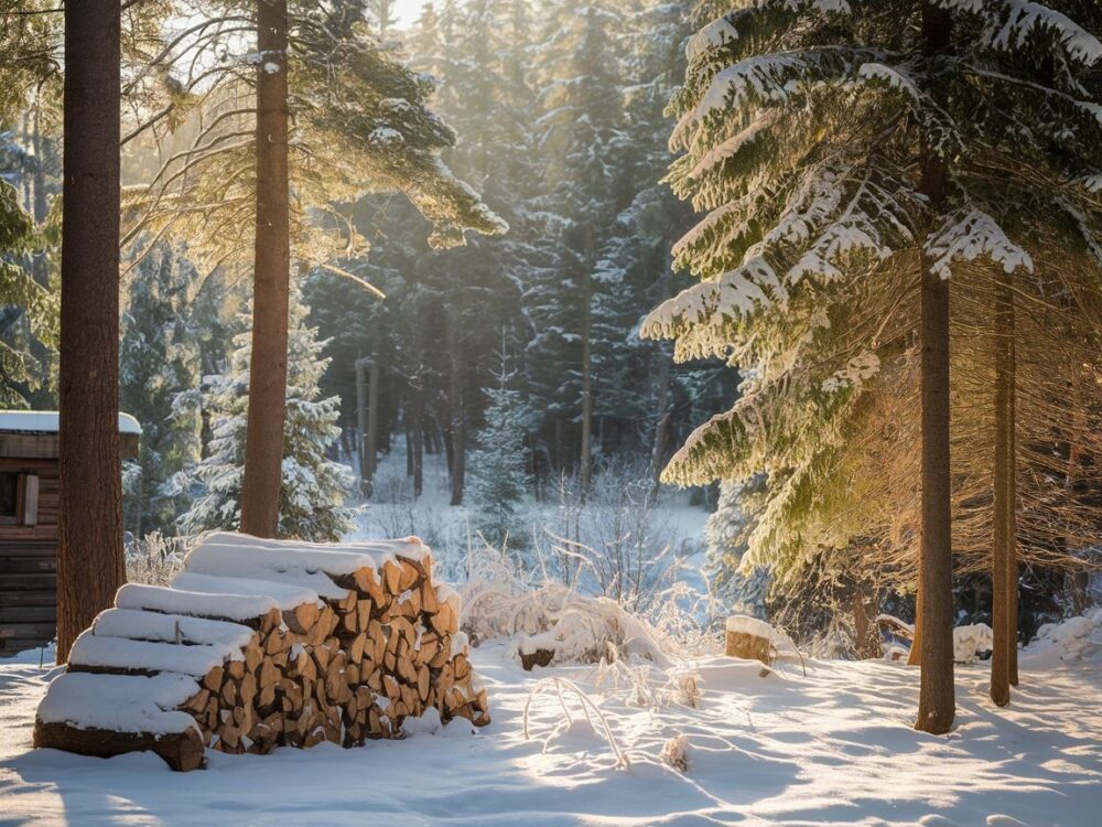 Drewno suszące się na mrozie w otoczeniu śniegu