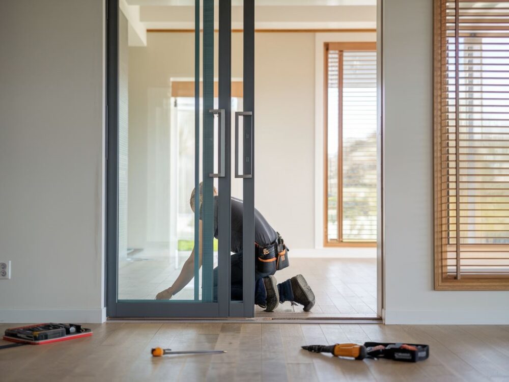 Drzwi przesuwne z zamontowanym mechanizmem samodomykającym