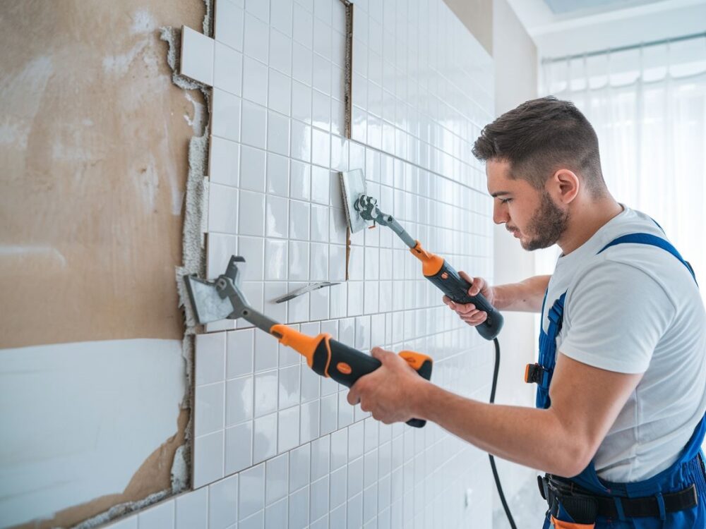 Fachowiec pracujący nad demontażem płytek bez uszkodzeń