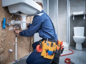 Fachowiec pracujący nad zatkaną rurą w ścianie