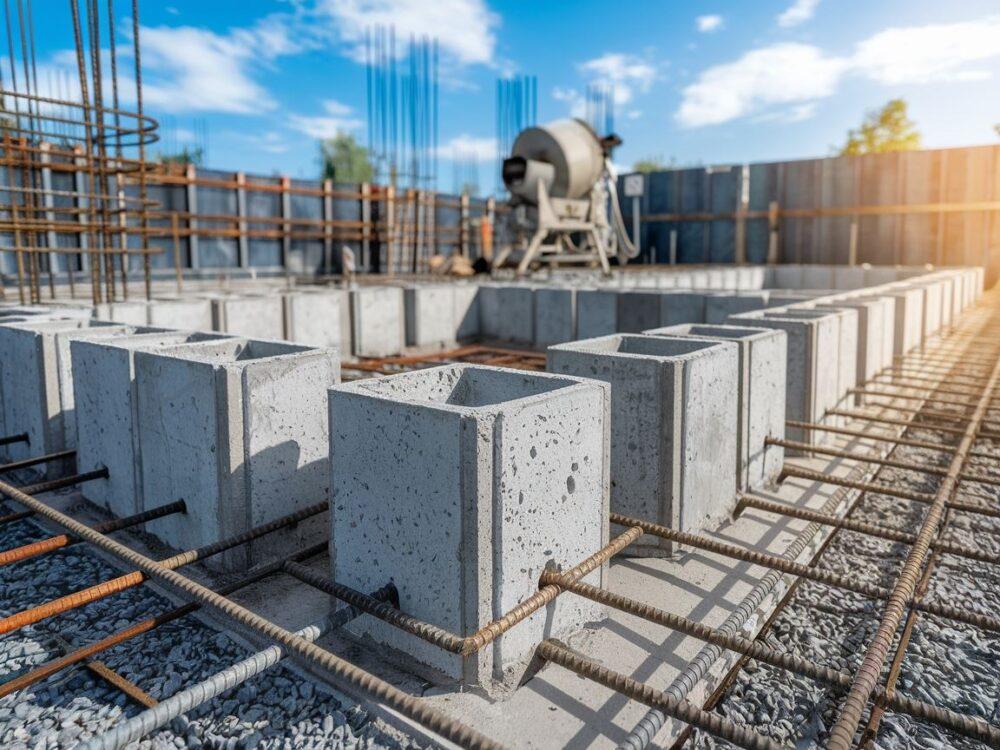 Fundament wykonany z betonowych bloczków w trakcie budowy