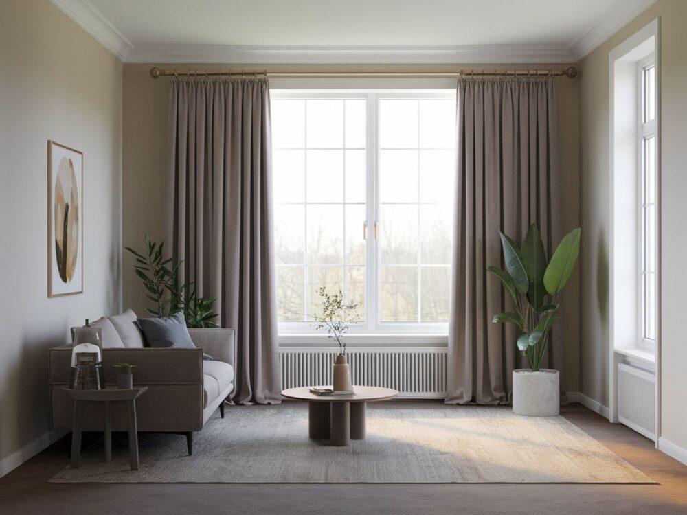 Karnisz w nowoczesnym salonie z dużym oknem