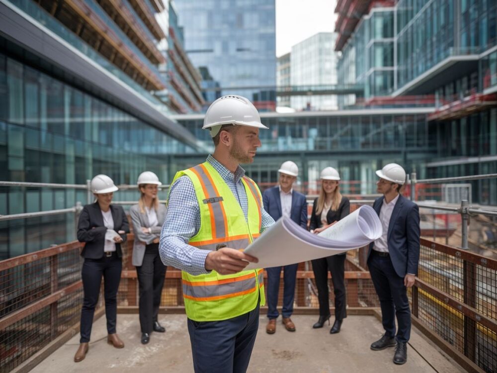 Kierownik budowy analizujący plany na placu budowy