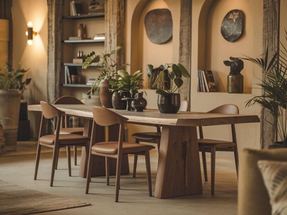 Krzesła z jasnego drewna przy dębowym stole w minimalistycznym wnętrzu