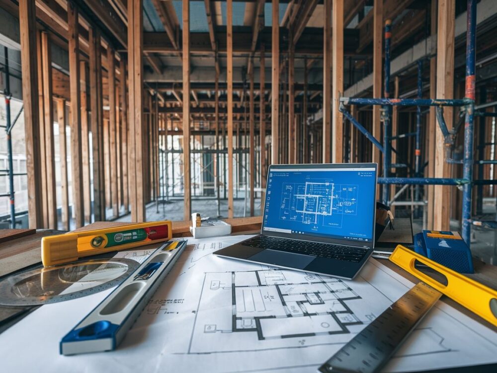 Laptop z wyświetlonymi dokumentami dotyczącymi budowy