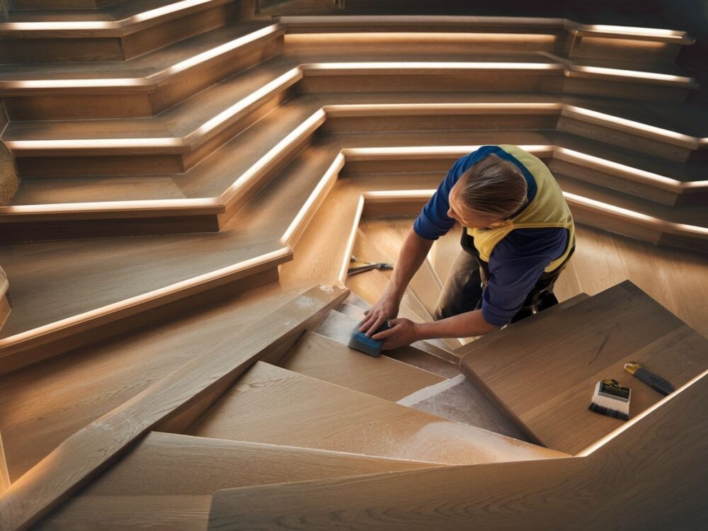 Matowe schody przed rozpoczęciem procesu cyklinowania