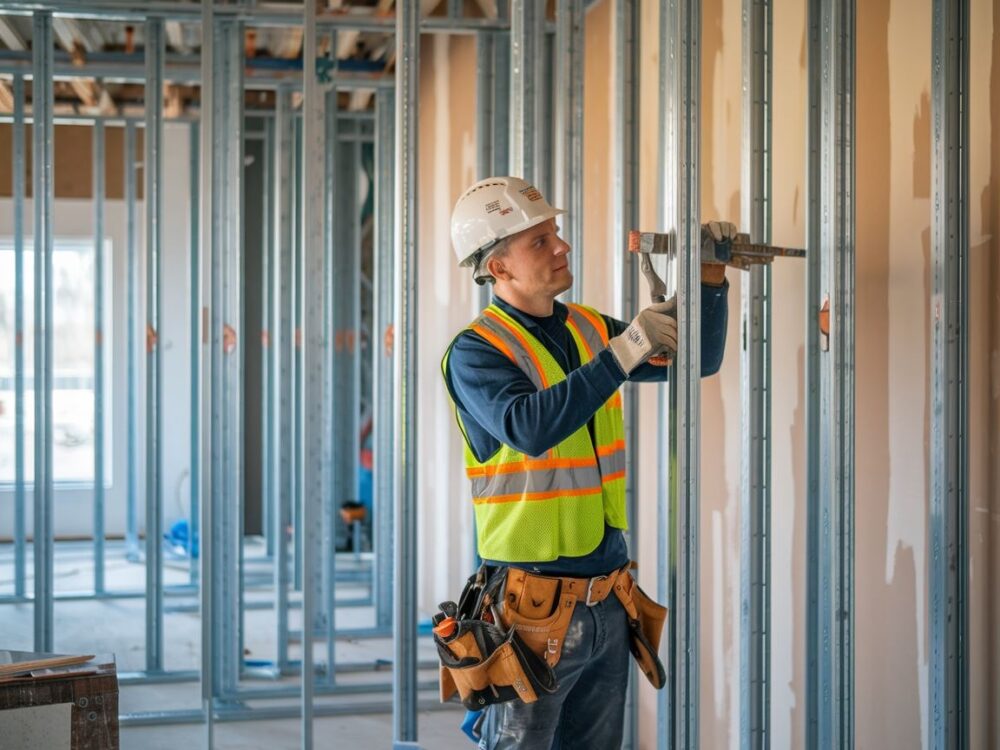 Metalowy stelaż gotowy do instalacji płyt gipsowych