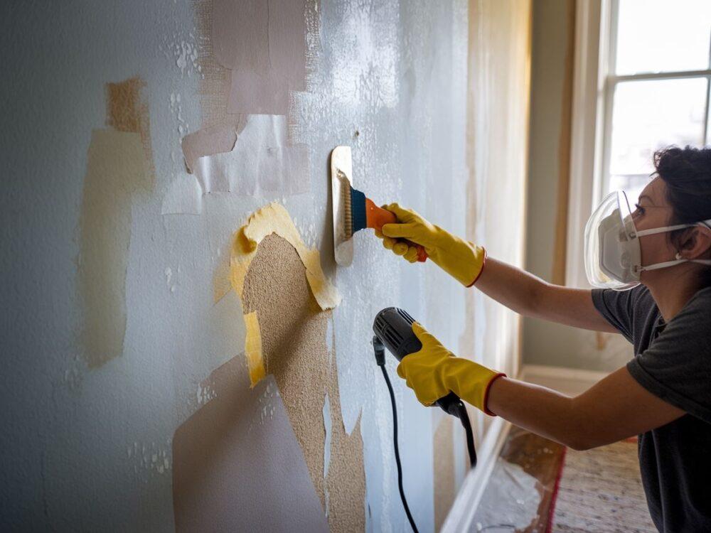 Mężczyzna usuwający warstwę farby olejnej ze ściany