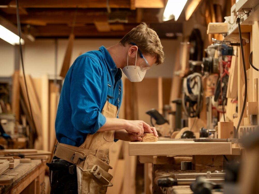 Mężczyzna w stroju roboczym pracujący przy drewnianych elementach