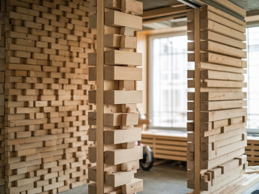 Minimalistyczna drewniana ścianka działowa oddzielająca przestrzeń mieszkalną