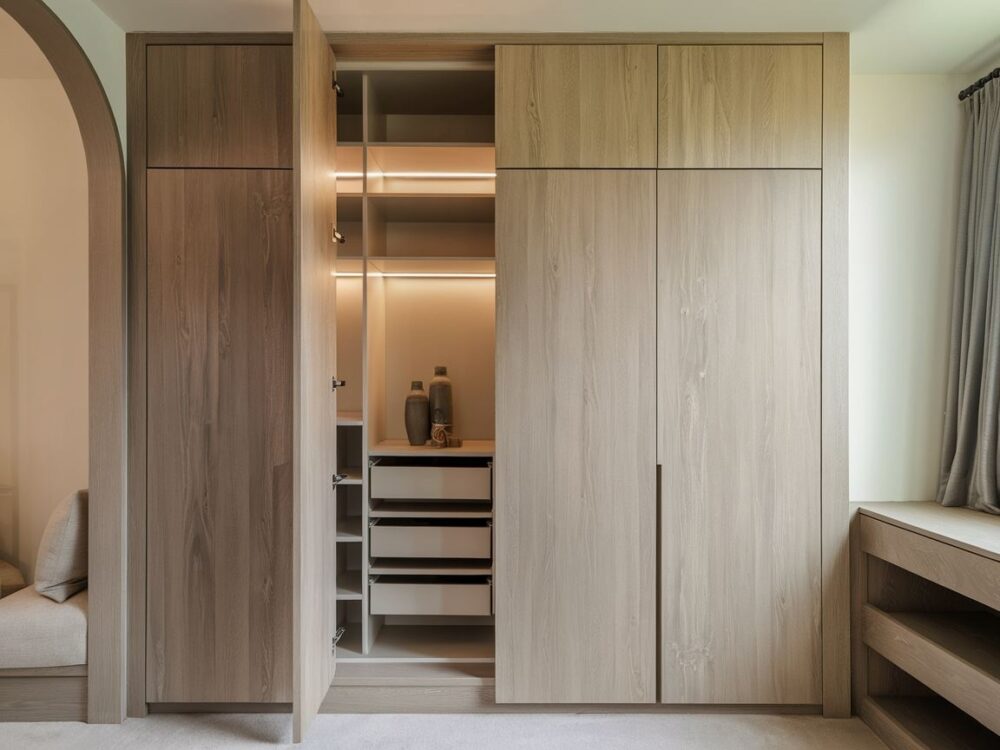 Minimalistyczna szafa wnękowa z jasnym oświetleniem