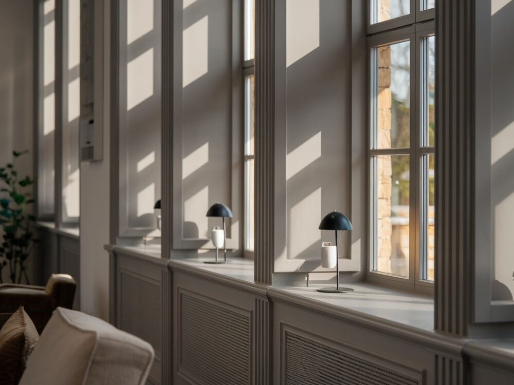 Minimalistyczny parapet przy antracytowych oknach