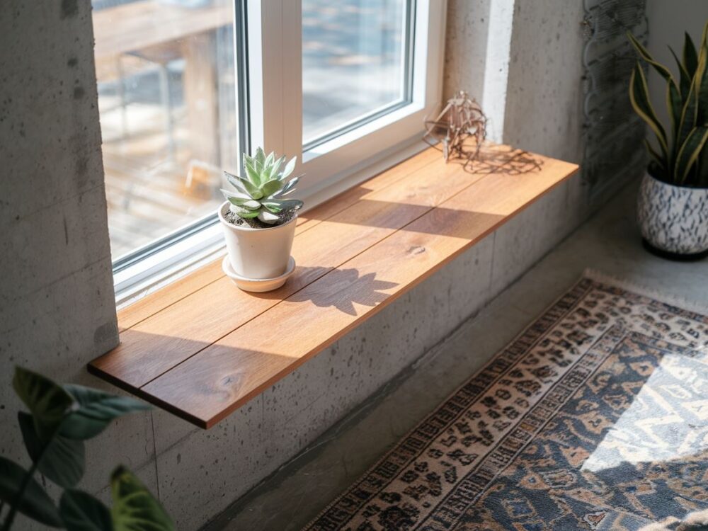 Minimalistyczny parapet z jasnych paneli podłogowych