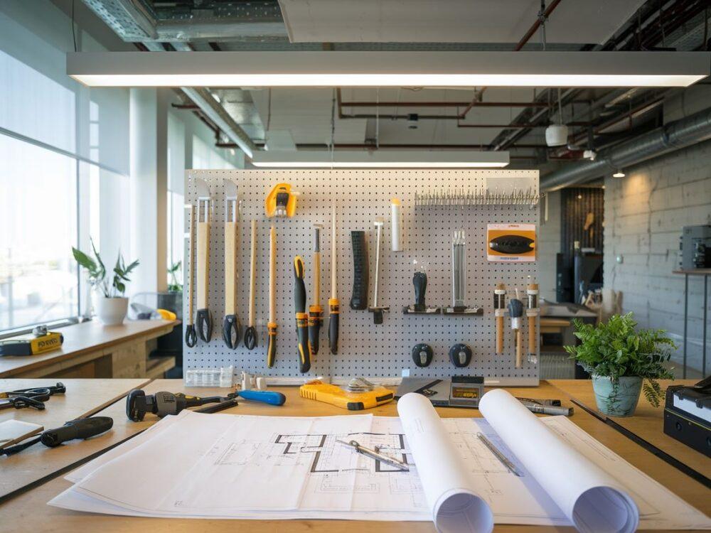 Młotek i miarka obok drewnianej tablicy