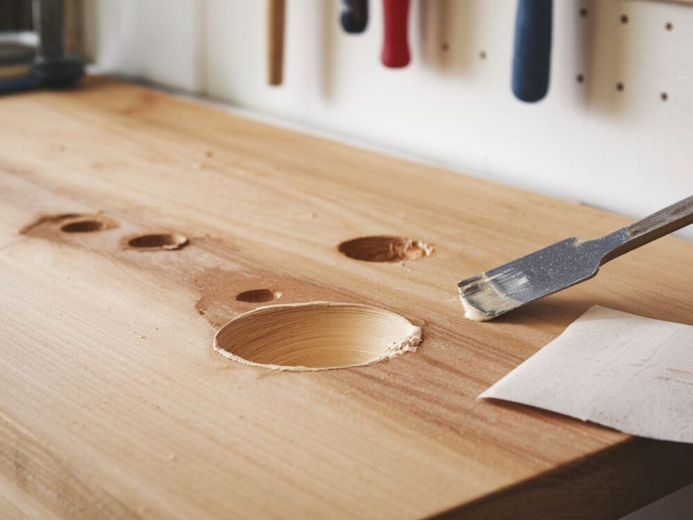 Naprawa dziury w drewnie za pomocą szpachli