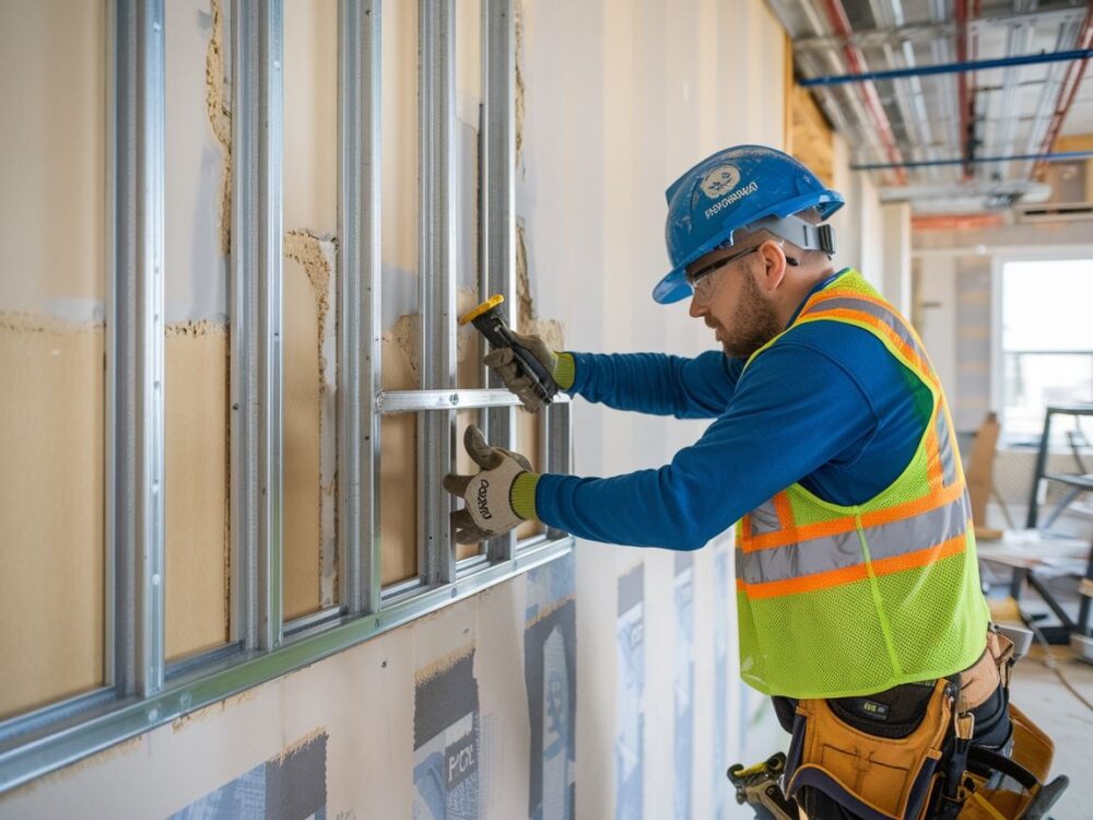 Narzędzia i materiały używane przy budowie stelaża pod regipsy