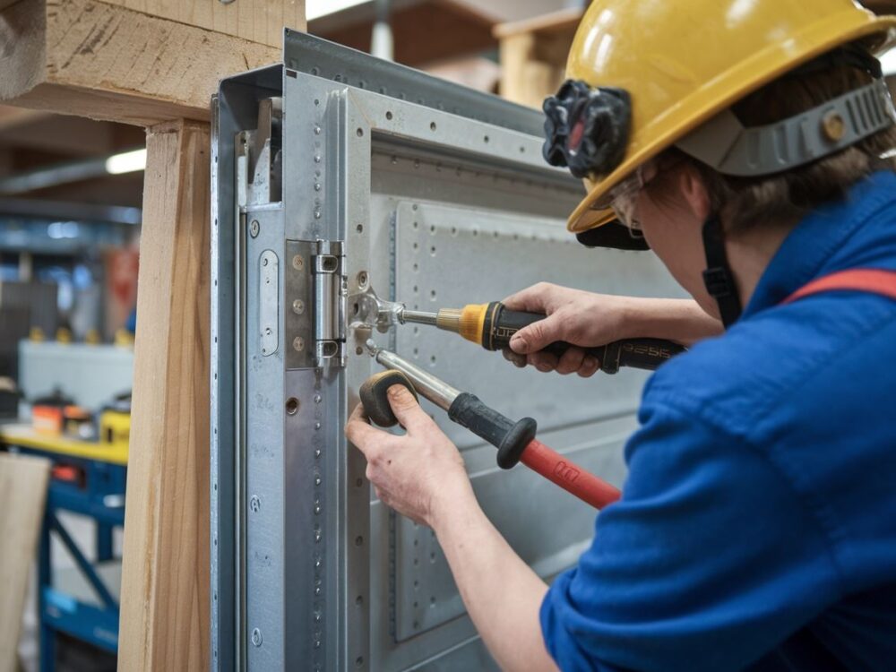 Narzędzia ręczne używane do instalacji zawiasu na metalowej futrynie