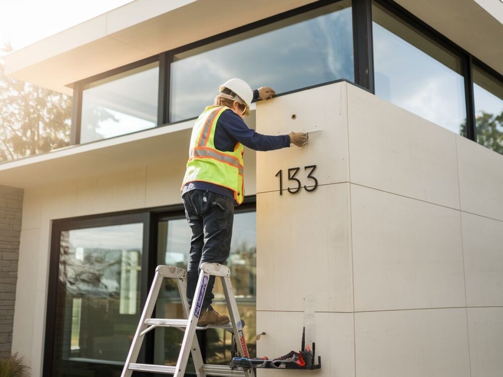 Nowoczesna elewacja z numerem domu