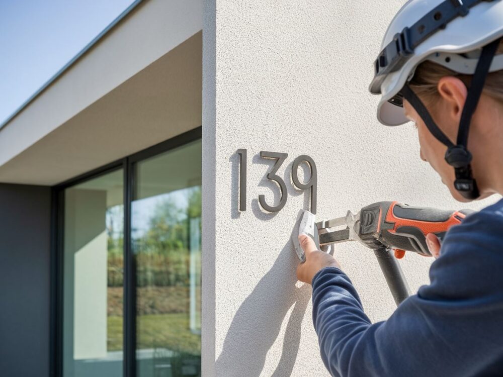 Numer domu na minimalistycznej fasadzie budynku