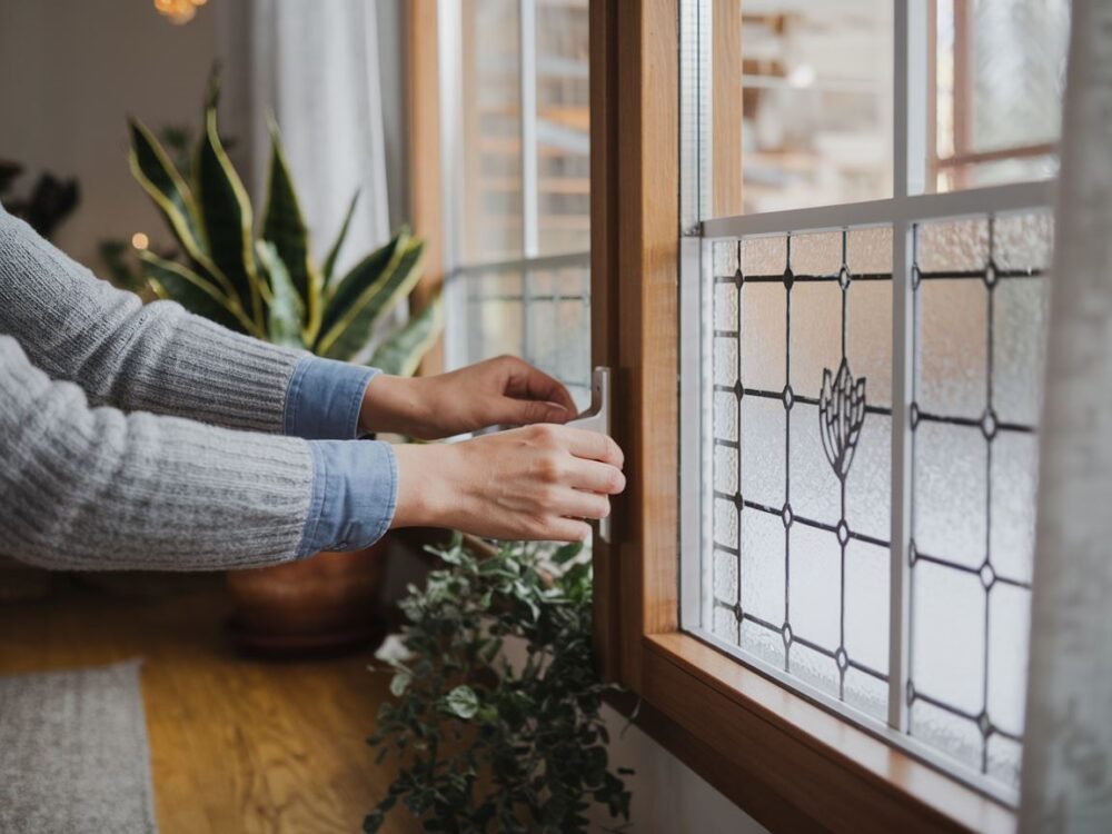 Okno w trybie zimowym z widokiem na śnieg za szybą
