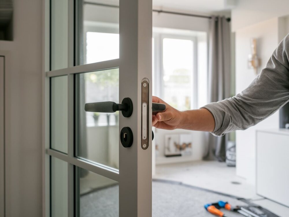 Osoba naprawiająca klamkę w drzwiach