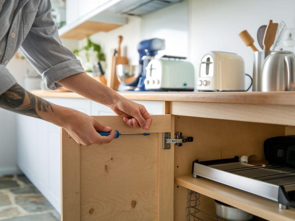 Osoba podnosząca drzwiczki szafki w kuchni