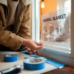 Osoba przyczepiająca koc termiczny do okna