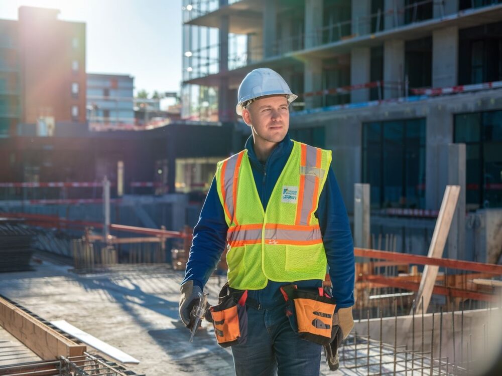 Pomocnik budowlany w trakcie wykonywania zadań na budowie