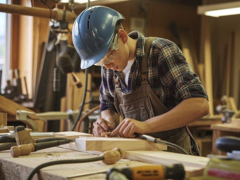 Pomocnik stolarza szlifujący drewniany element w warsztacie