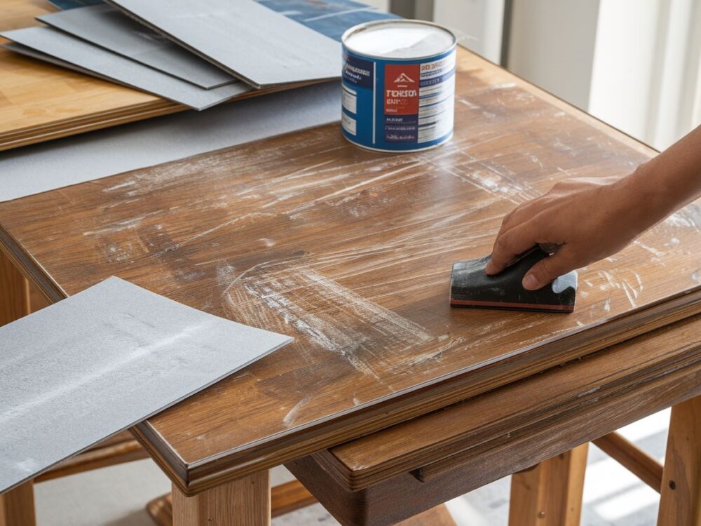 Poprawa wyglądu starego blatu stołu z okleiny