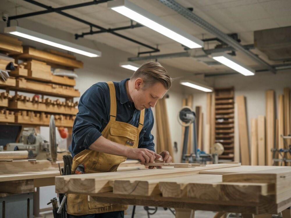 Praca nad szczegółami drewnianych mebli w niemieckim warsztacie