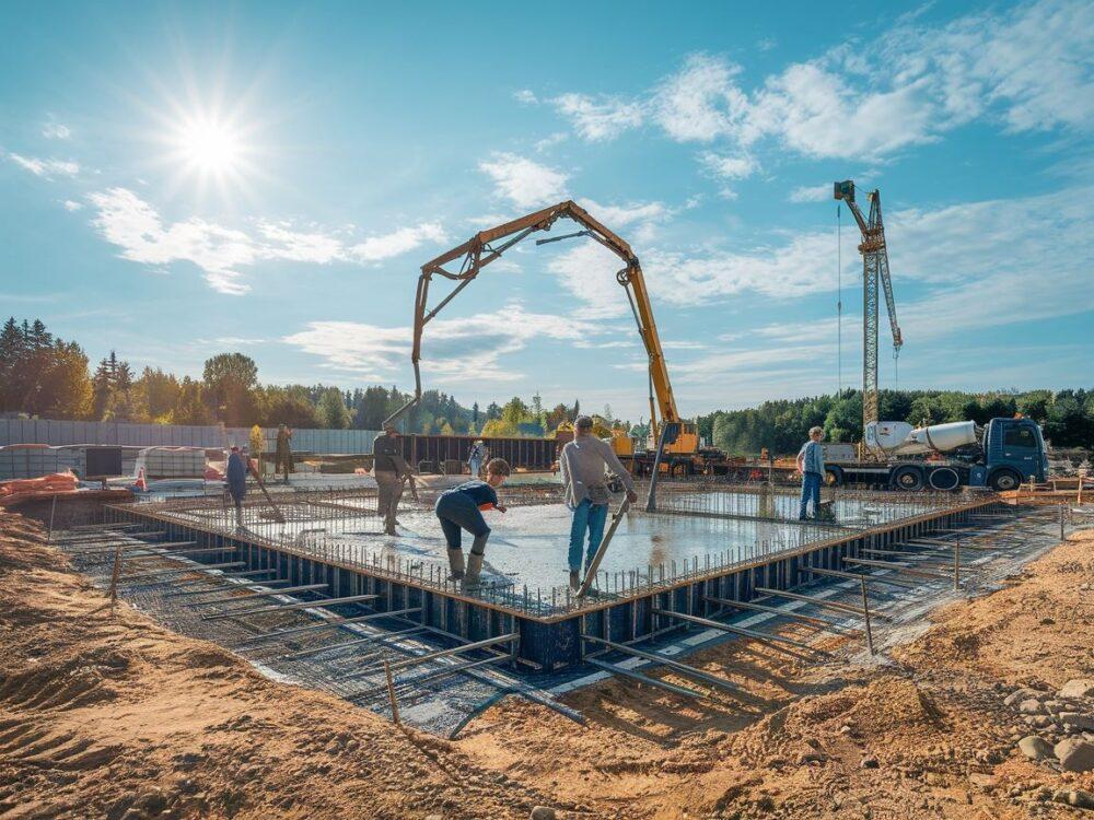 Pracownicy wylewający beton na fundamenty