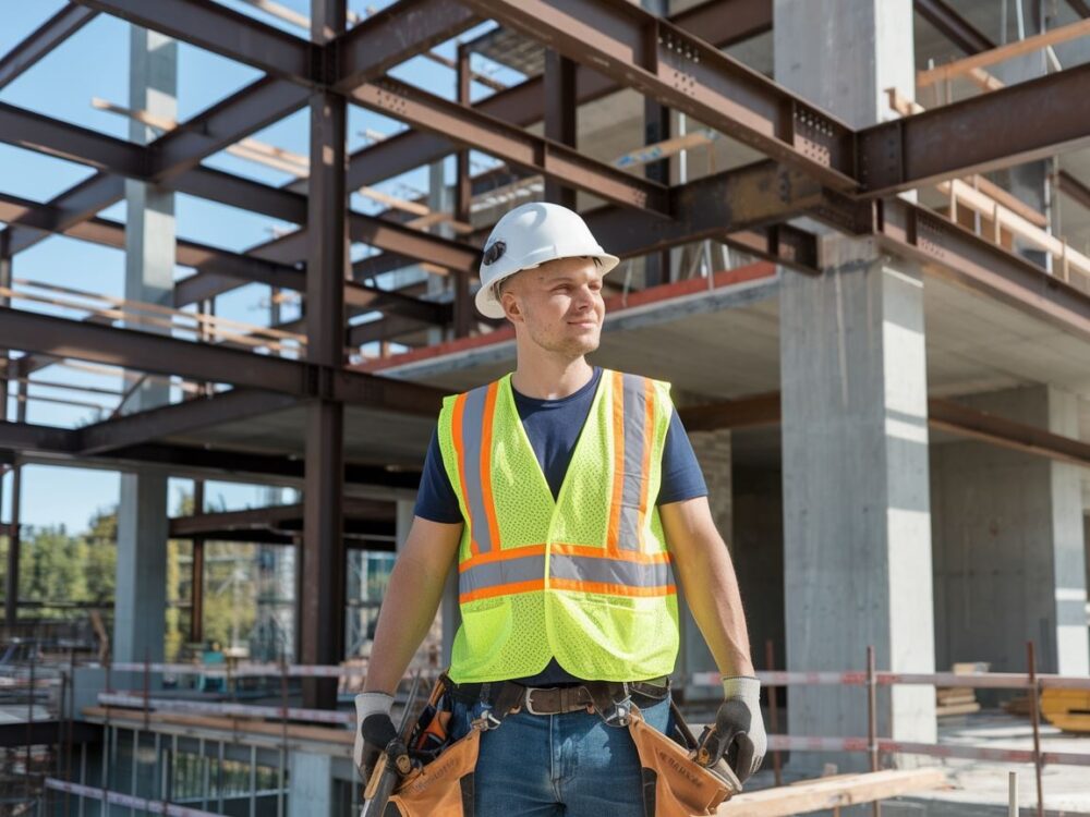 Pracownik budowlany trzymający narzędzia na tle placu budowy