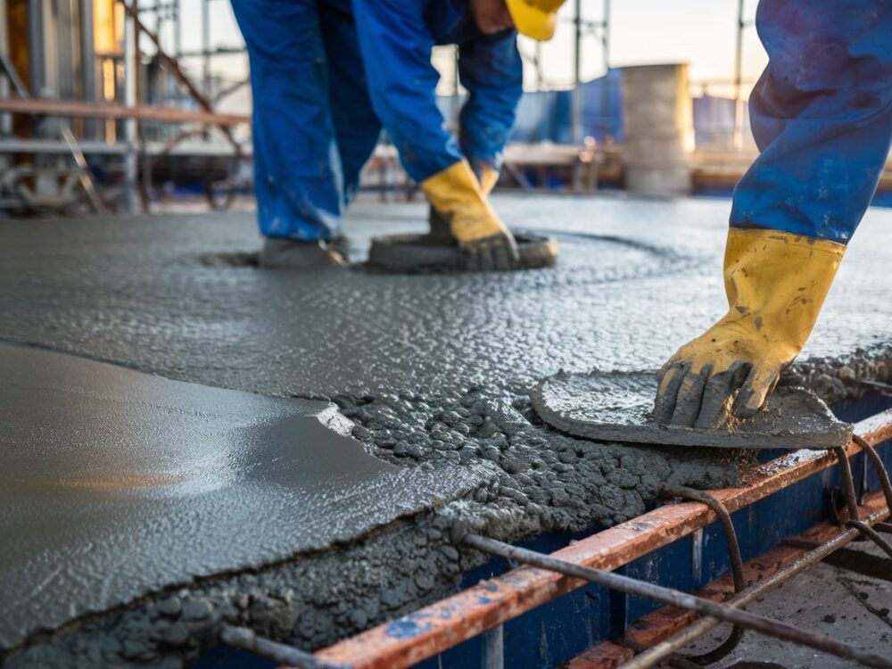 Pracownik wygładza świeżo wylany beton