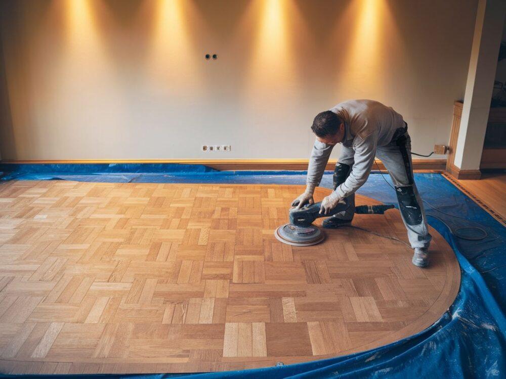 Proces cyklinowania drewnianego parkietu w nowoczesnym wnętrzu